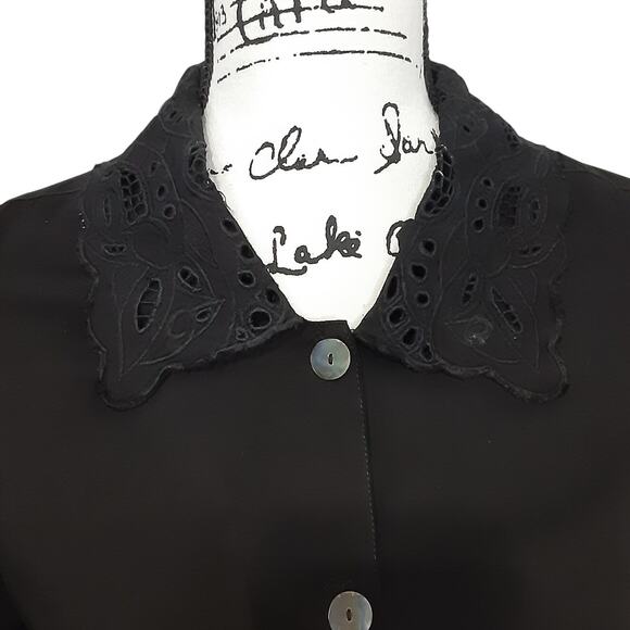 Vintage 80s Black Button Down Shirt Lace Collared Womens S Whimsy Goth Vampire - Picture 2 of 14